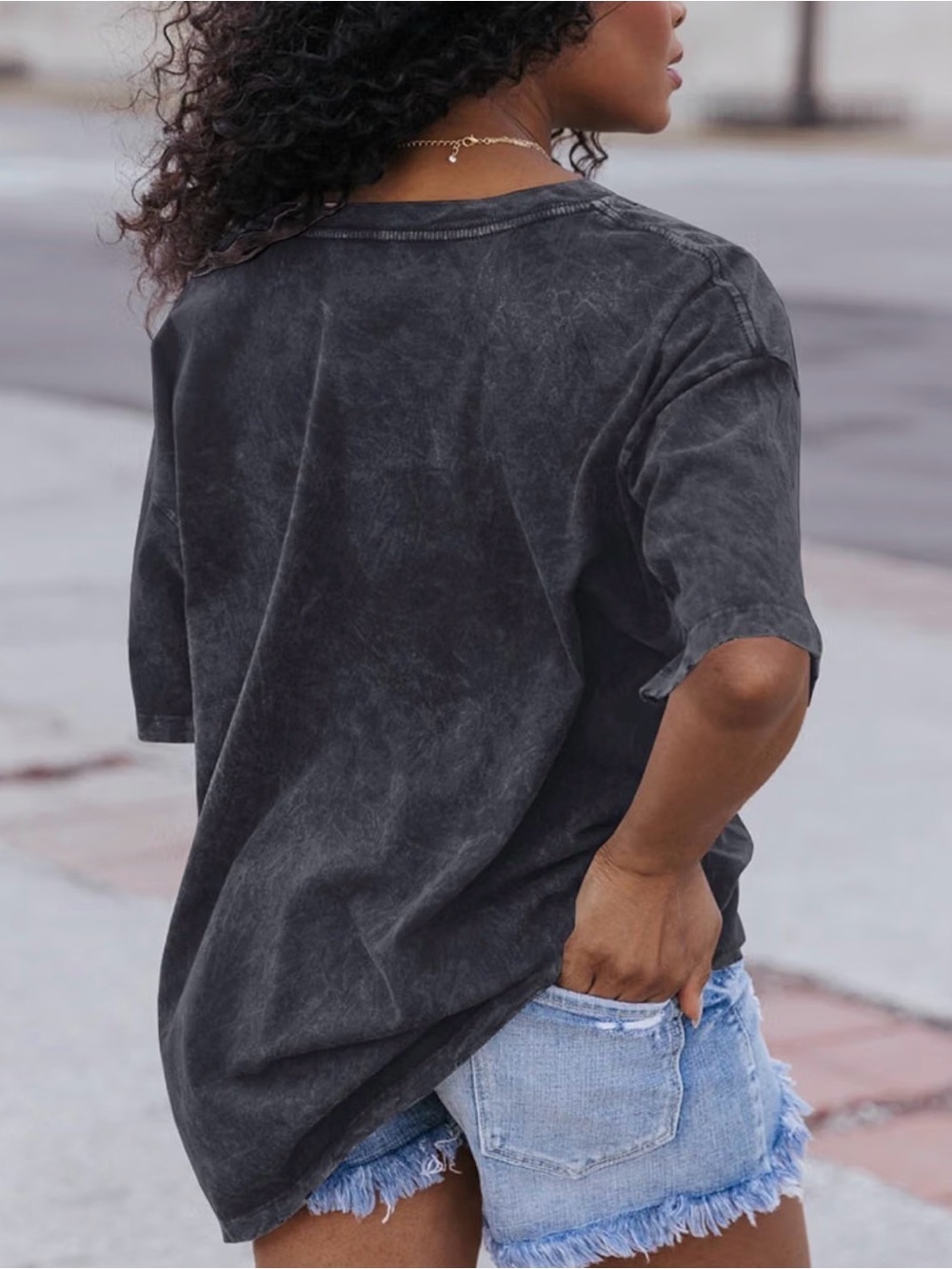 Washed Charcoal V-Neck Oversized Women's Top - Picture 2 of 8